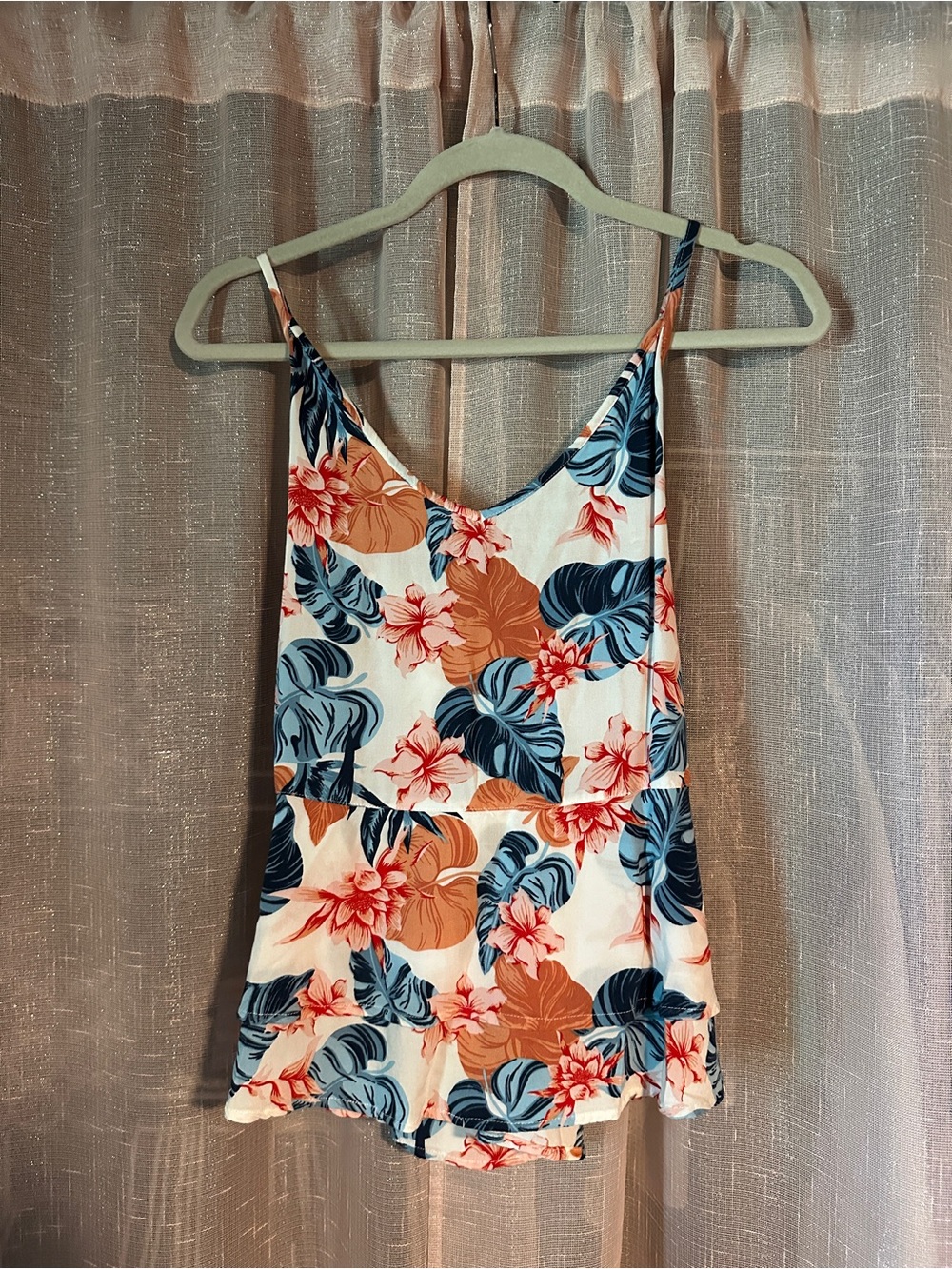 Roxy White Floral Camisole with Blue & Coral Leaves